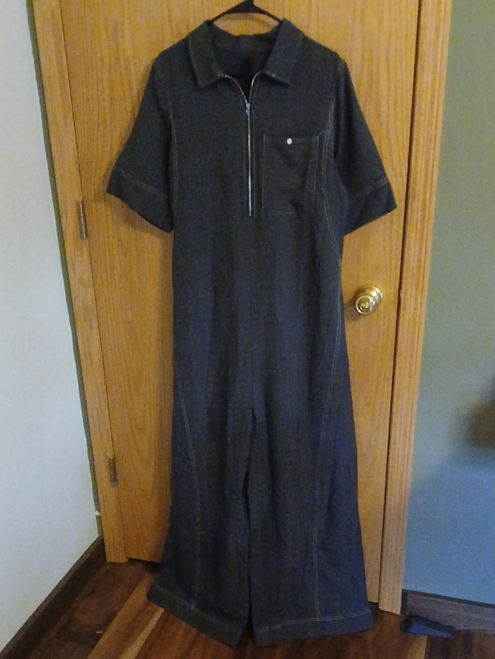 Dark Denim Jumpsuit with Front Zip and Chest Pocket